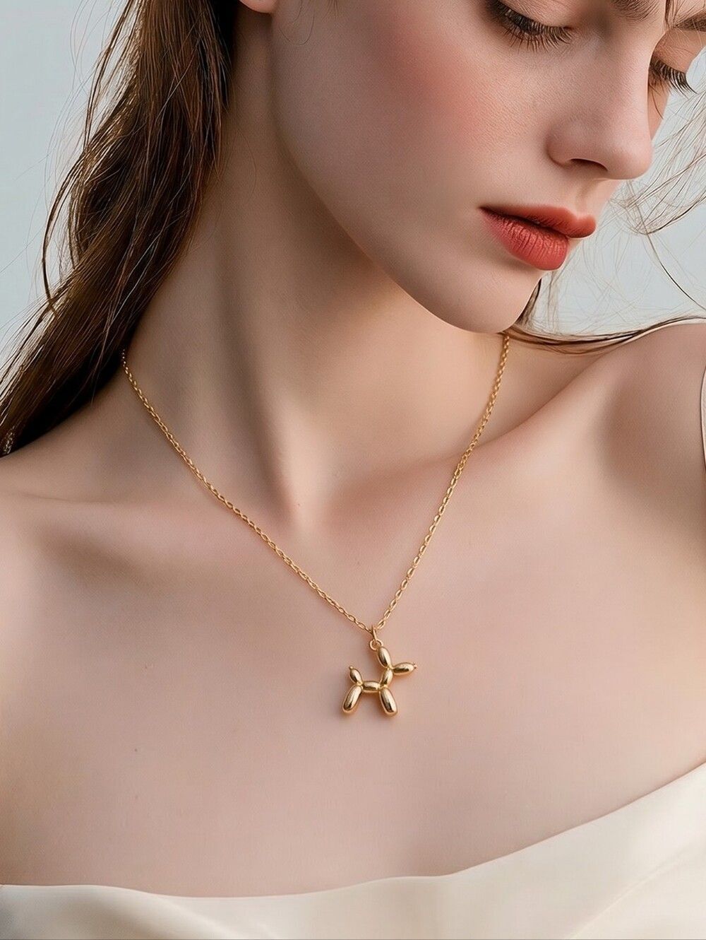 Gold Balloon Dog Pendant 24" Necklace Stainless Steel Cute Pop Art Jewelry Y2K